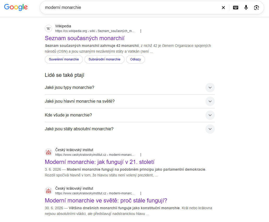 Český královský institut Vyhledávání na Google.com na klíčové slovo "Moderní monarchie"